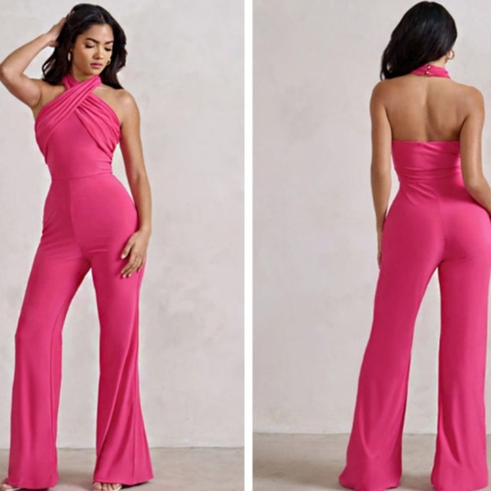 Club L London Pink Halter Jumpsuit with Wide-Leg Pants